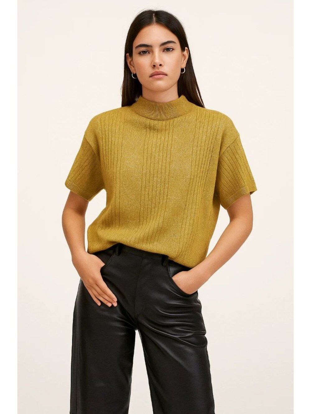 Vintage Norton McNaughton Gold Metallic Knit Short Sleeve Mock Neck Sweater MED